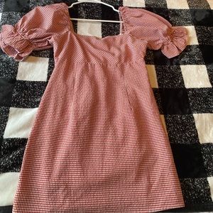 Red plaid shirt mini dress with puffy sleeves